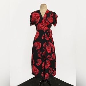 Loco Lindo Black & Red Art Deco Fan Print Cascade Wrap Dress XXL